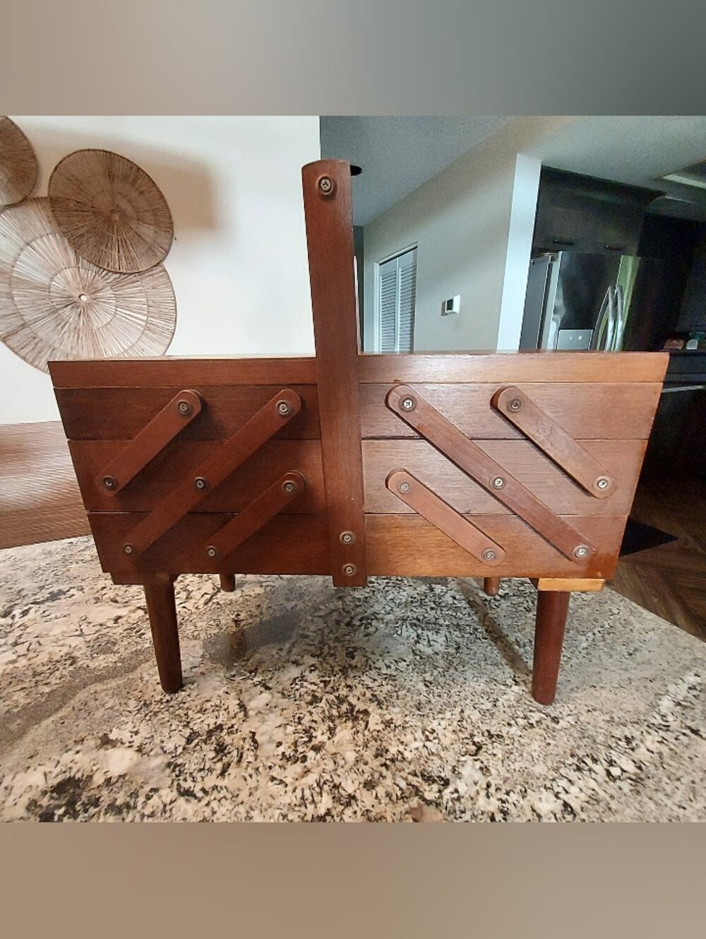 Vintage 1960's Brown Wooden Cantilever Sewing Box 17.75w X 9d X 18h.